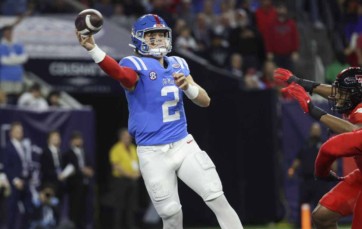 Ole Miss quarterback Jaxson Dart throws a pass against Texas Tech in the Texas Bowl at NRG Stadium in Houston, Texas 